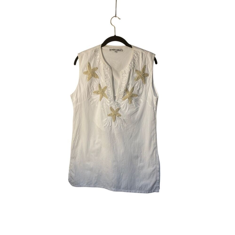 Barbara Gerwit women’s embroidered white starfish tunic top S beachy